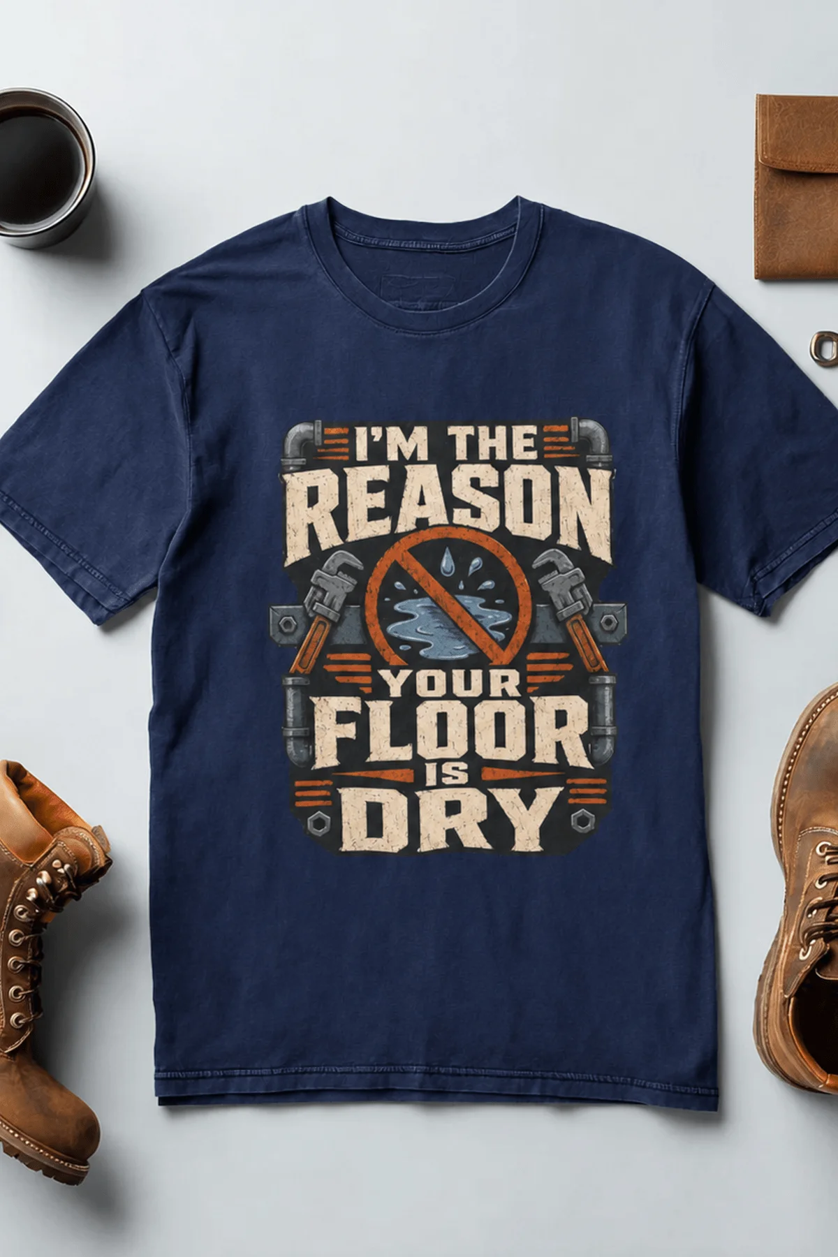 Plumber T‑Shirt – "I'm the Reason Your Floor Is Dry" Vintage Plumbing Tee — navy — Flat-lay Plumber T‑Shirt – "I'm the Reason Your Floor Is Dry" Vintage Plumbing Tee — navy t-shirt, flat-lay product photo | Pressure Tested Co