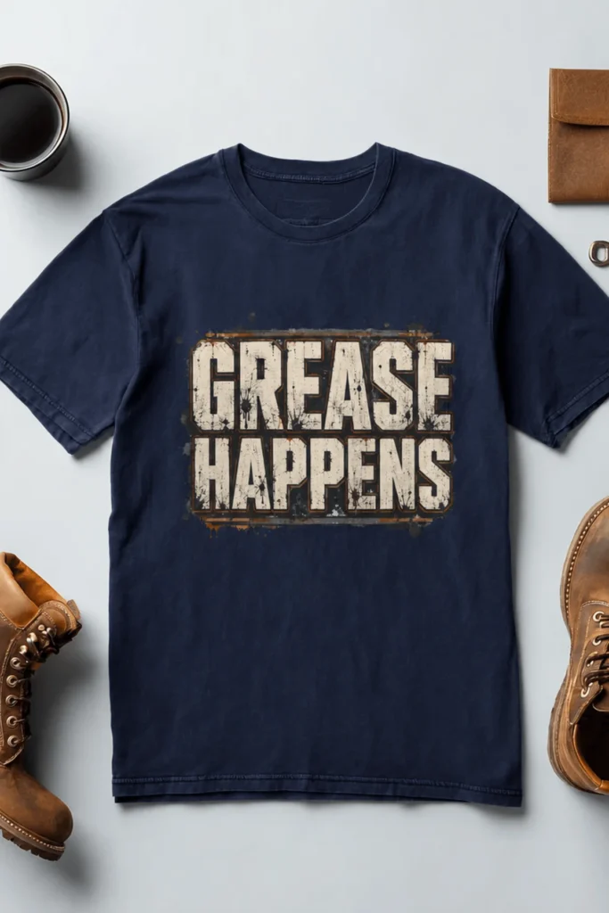 Grease Happens T-Shirt — Funny Mechanic Garage Tee — navy t-shirt, flat-lay product photo | Pressure Tested Co