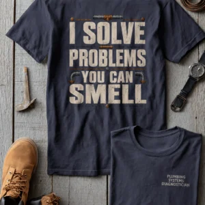 Funny Plumber Repair Graphic Tee "I Solve Problems You Can Smell" Back - "Plumbing Systems Diagnostician" Front — navy t-shirt, flat-lay product photo | Pressure Tested Co