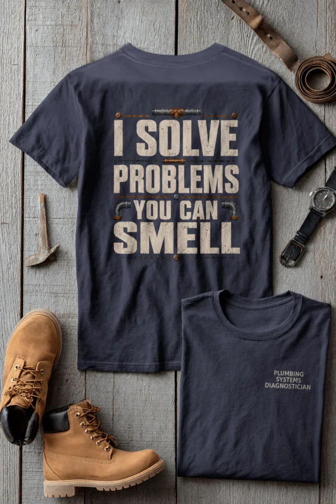 Funny Plumber Repair Graphic Tee "I Solve Problems You Can Smell" Back - "Plumbing Systems Diagnostician" Front — navy t-shirt, flat-lay product photo | Pressure Tested Co