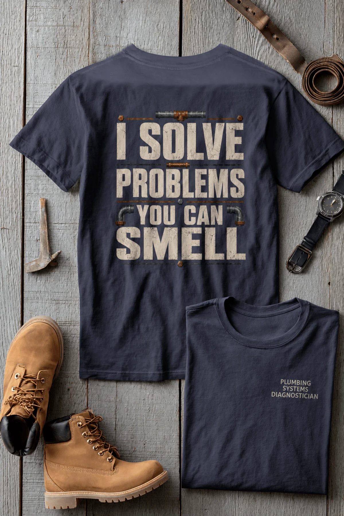 Funny Plumber Repair Graphic Tee "I Solve Problems You Can Smell" Back - "Plumbing Systems Diagnostician" Front — navy — Flat-lay Funny Plumber Repair Graphic Tee "I Solve Problems You Can Smell" Back - "Plumbing Systems Diagnostician" Front — navy t-shirt, flat-lay product photo | Pressure Tested Co