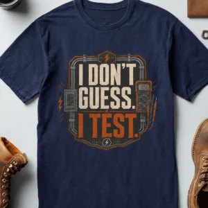 I Don't Guess I Test T-Shirt — Funny Tech Tee for Engineers and Electricians — navy t-shirt, flat-lay product photo | Pressure Tested Co