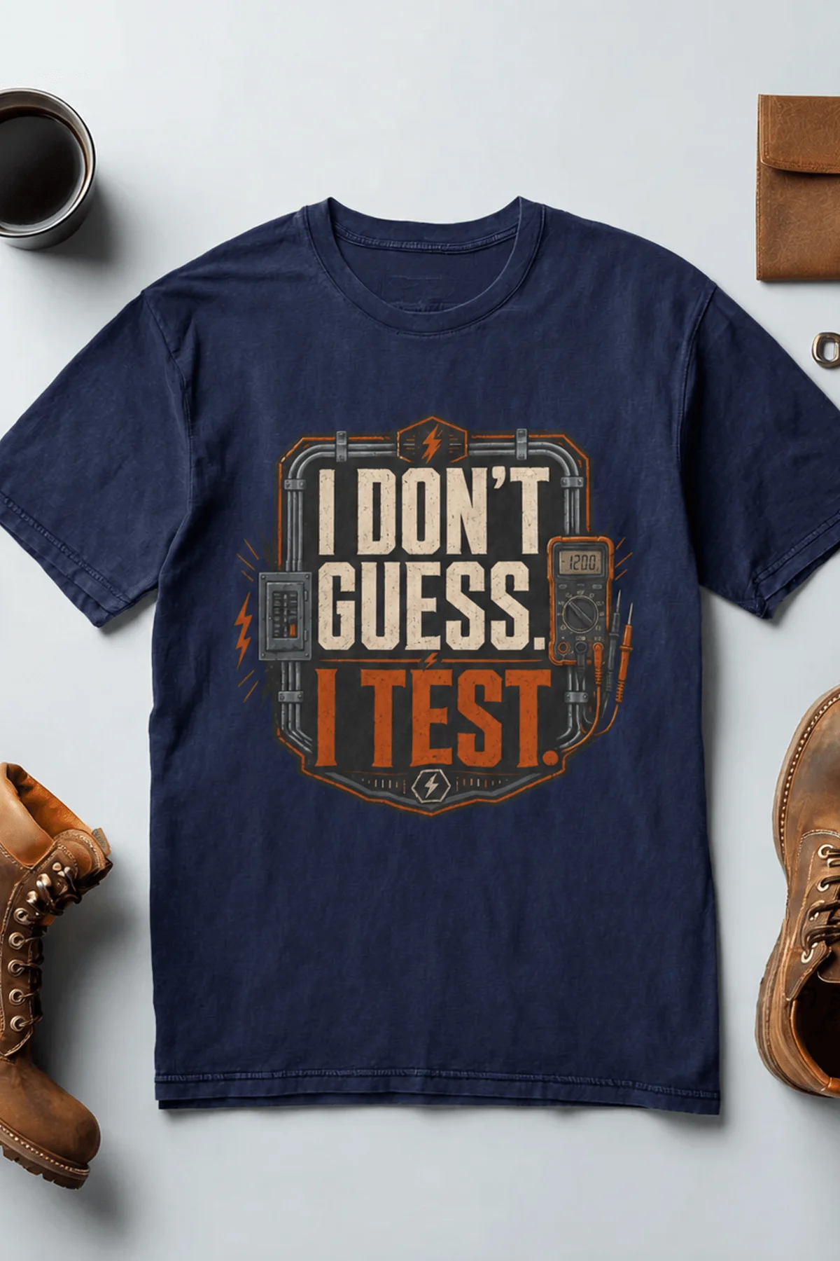 I Don't Guess I Test T-Shirt — Funny Tech Tee for Engineers and Electricians — navy — Flat-lay I Don't Guess I Test T-Shirt — Funny Tech Tee for Engineers and Electricians — navy t-shirt, flat-lay product photo | Pressure Tested Co