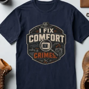 Funny HVAC Tech Tee "I Fix Comfort Crimes" — Furnace and Air Tech Work Tee — navy t-shirt, flat-lay product photo | Pressure Tested Co