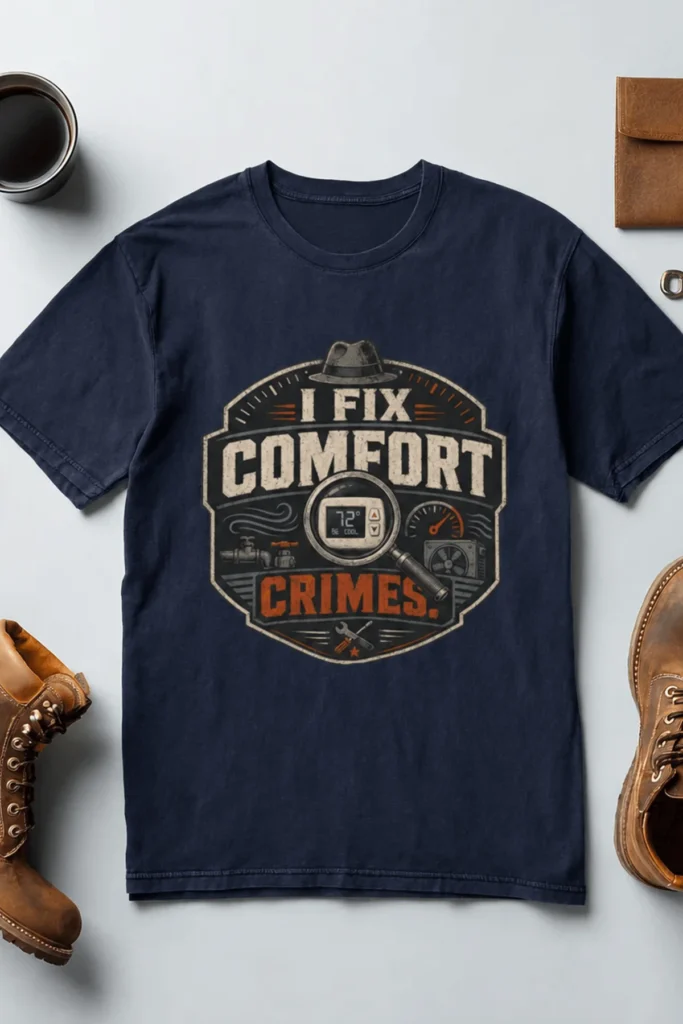 Funny HVAC Tech Tee "I Fix Comfort Crimes" — Furnace and Air Tech Work Tee — navy t-shirt, flat-lay product photo | Pressure Tested Co