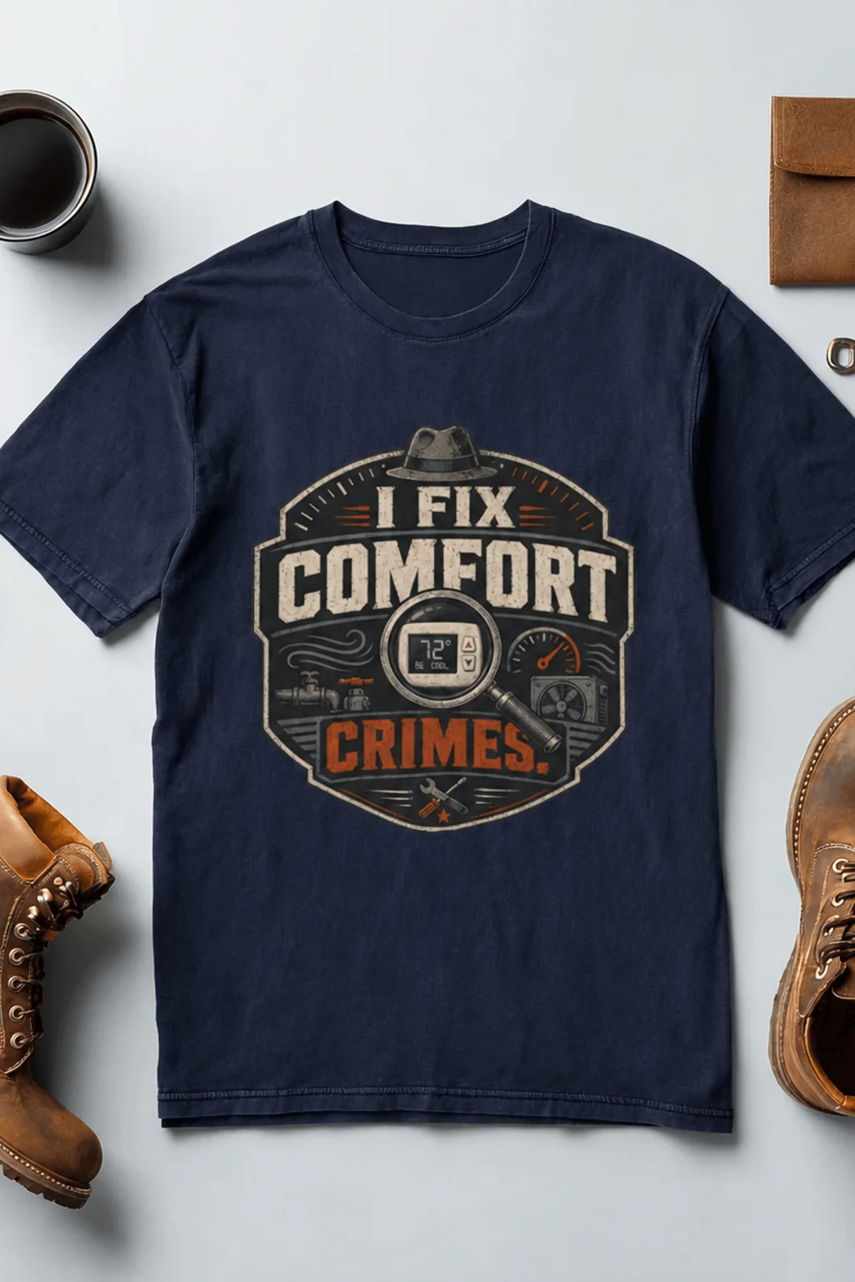 Funny HVAC Tech Tee "I Fix Comfort Crimes" — Furnace and Air Tech Work Tee — navy — Flat-lay Funny HVAC Tech Tee "I Fix Comfort Crimes" — Furnace and Air Tech Work Tee — navy t-shirt, flat-lay product photo | Pressure Tested Co