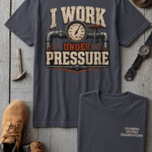 Funny Plumber Repair Graphic Tee "I Work Under Pressure" Back - "Plumbing Systems Diagnostician" Front — navy t-shirt, flat-lay product photo | Pressure Tested Co