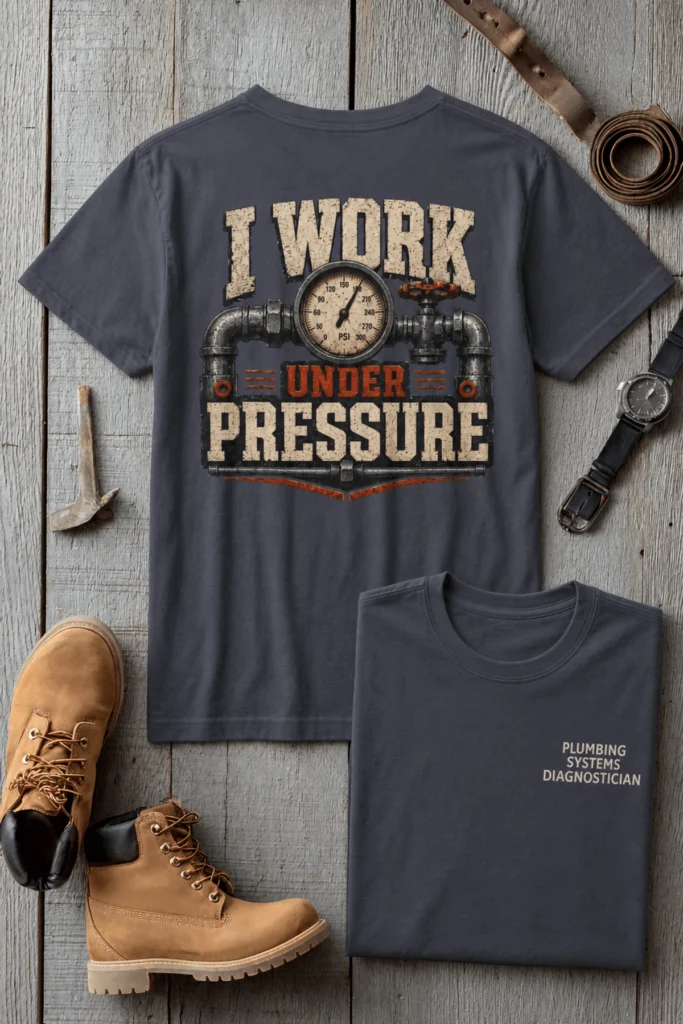 Funny Plumber Repair Graphic Tee "I Work Under Pressure" Back - "Plumbing Systems Diagnostician" Front — navy t-shirt, flat-lay product photo | Pressure Tested Co