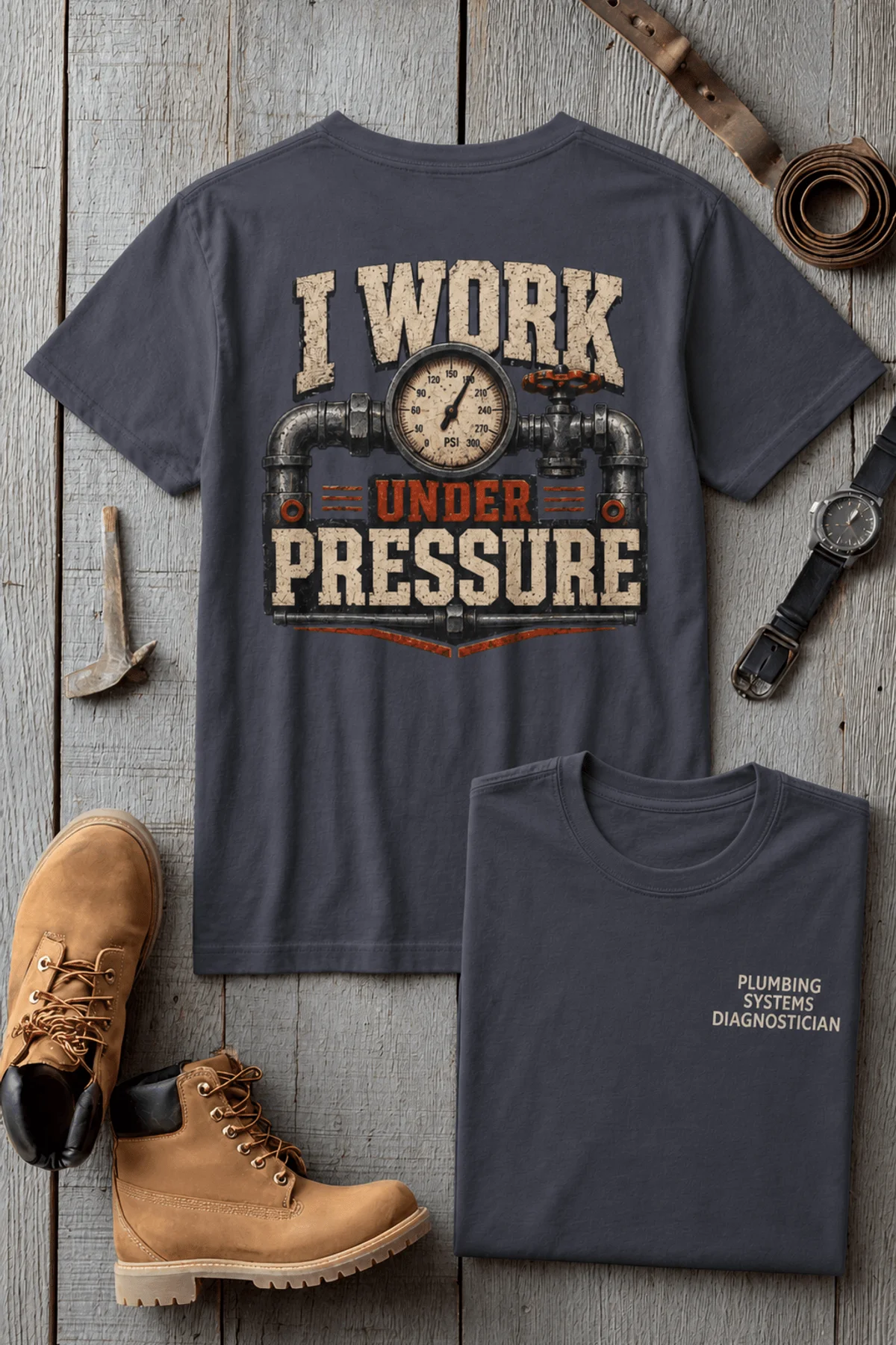 Funny Plumber Repair Graphic Tee "I Work Under Pressure" Back - "Plumbing Systems Diagnostician" Front — navy t-shirt, flat-lay product photo | Pressure Tested Co