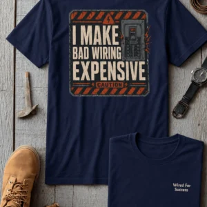 Funny Electrician Tech Tee - Back "I Make Bad Wiring Expensive" — Front "Wired For Success" Vintage Work Tee — navy t-shirt, flat-lay product photo | Pressure Tested Co