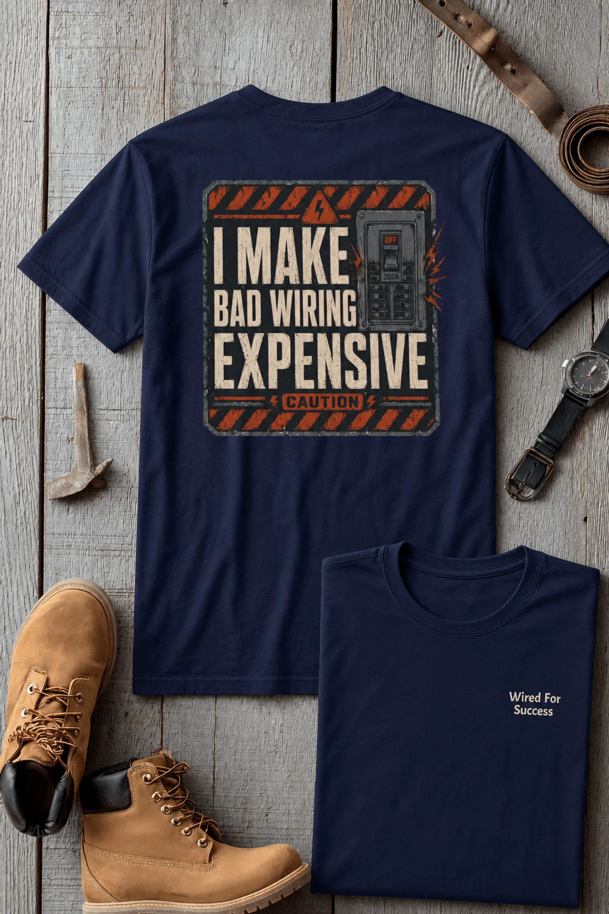 Funny Electrician Tech Tee - Back "I Make Bad Wiring Expensive" — Front "Wired For Success" Vintage Work Tee — navy — Flat-lay Funny Electrician Tech Tee - Back "I Make Bad Wiring Expensive" — Front "Wired For Success" Vintage Work Tee — navy t-shirt, flat-lay product photo | Pressure Tested Co