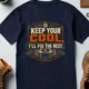 Funny HVAC Tee Shirt "Keep Your Cool. I'll Fix The Rest." T-Shirt – Vintage GraphicTee — navy — Flat-lay Funny HVAC Tee Shirt "Keep Your Cool. I'll Fix The Rest." T-Shirt – Vintage GraphicTee — navy t-shirt, flat-lay product photo | Pressure Tested Co