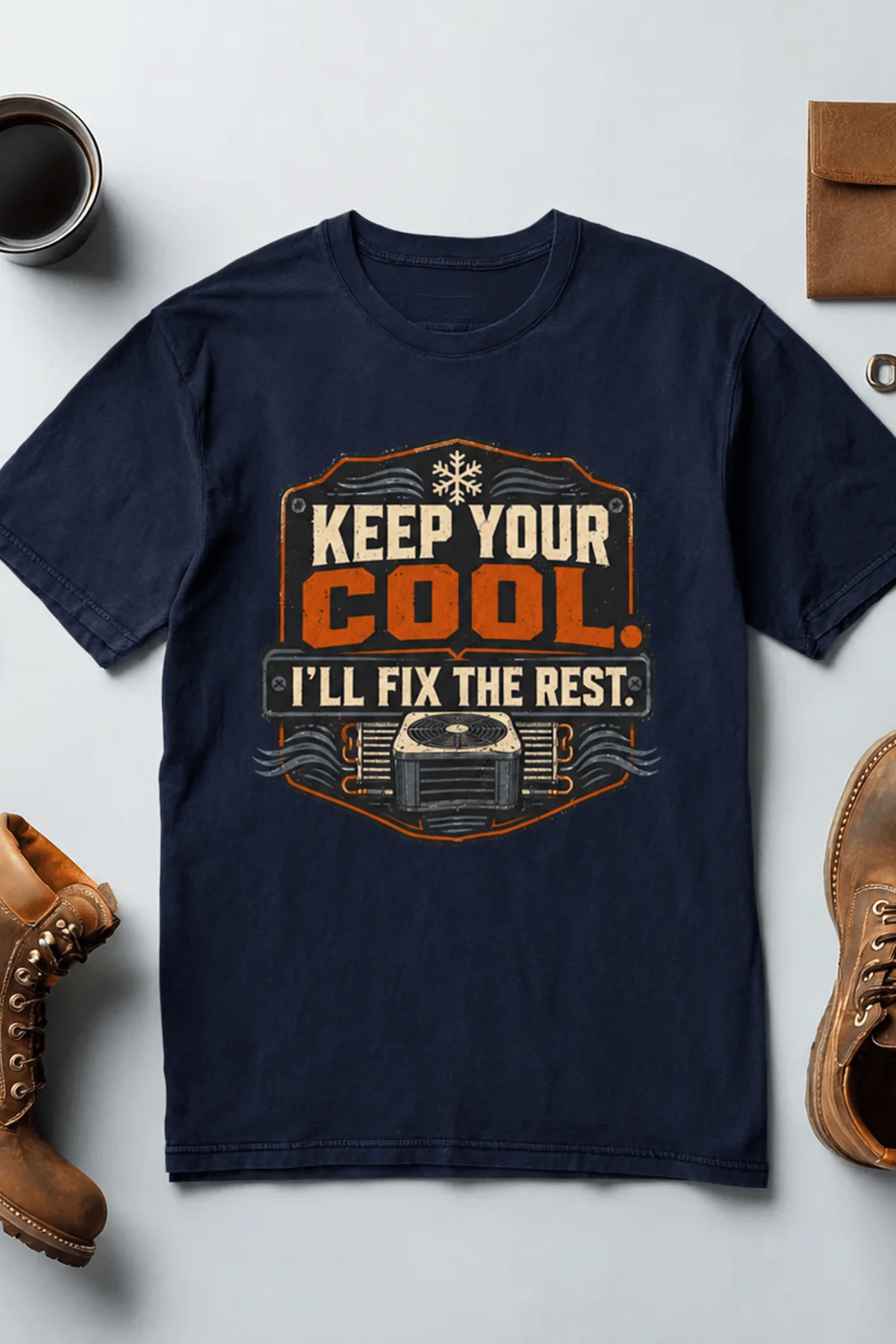Funny HVAC Tee Shirt "Keep Your Cool. I'll Fix The Rest." T-Shirt – Vintage GraphicTee — navy — Flat-lay Funny HVAC Tee Shirt "Keep Your Cool. I'll Fix The Rest." T-Shirt – Vintage GraphicTee — navy t-shirt, flat-lay product photo | Pressure Tested Co