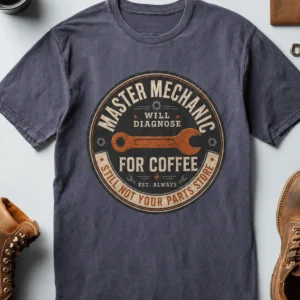 Mechanic T-Shirt — "Master Mechanic: Will Diagnose for Coffee" Retro Wrench Tee - Image 22