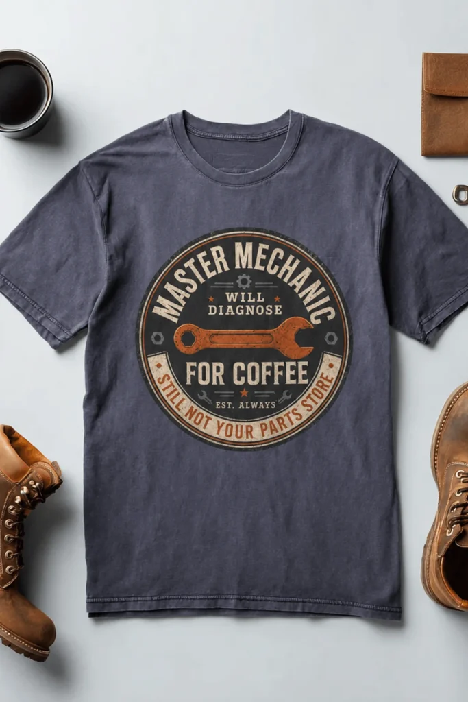 Mechanic T-Shirt — "Master Mechanic: Will Diagnose for Coffee" Retro Wrench Tee