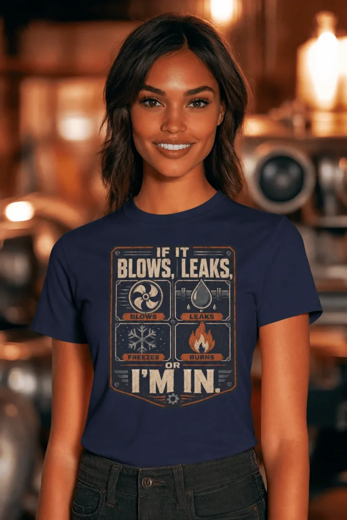 HVAC Technician T‑Shirt — "If It Blows, Leaks, Freezes or Burns I'm In" Retro Tradesmen Tee — navy t-shirt, model photo | Pressure Tested Co
