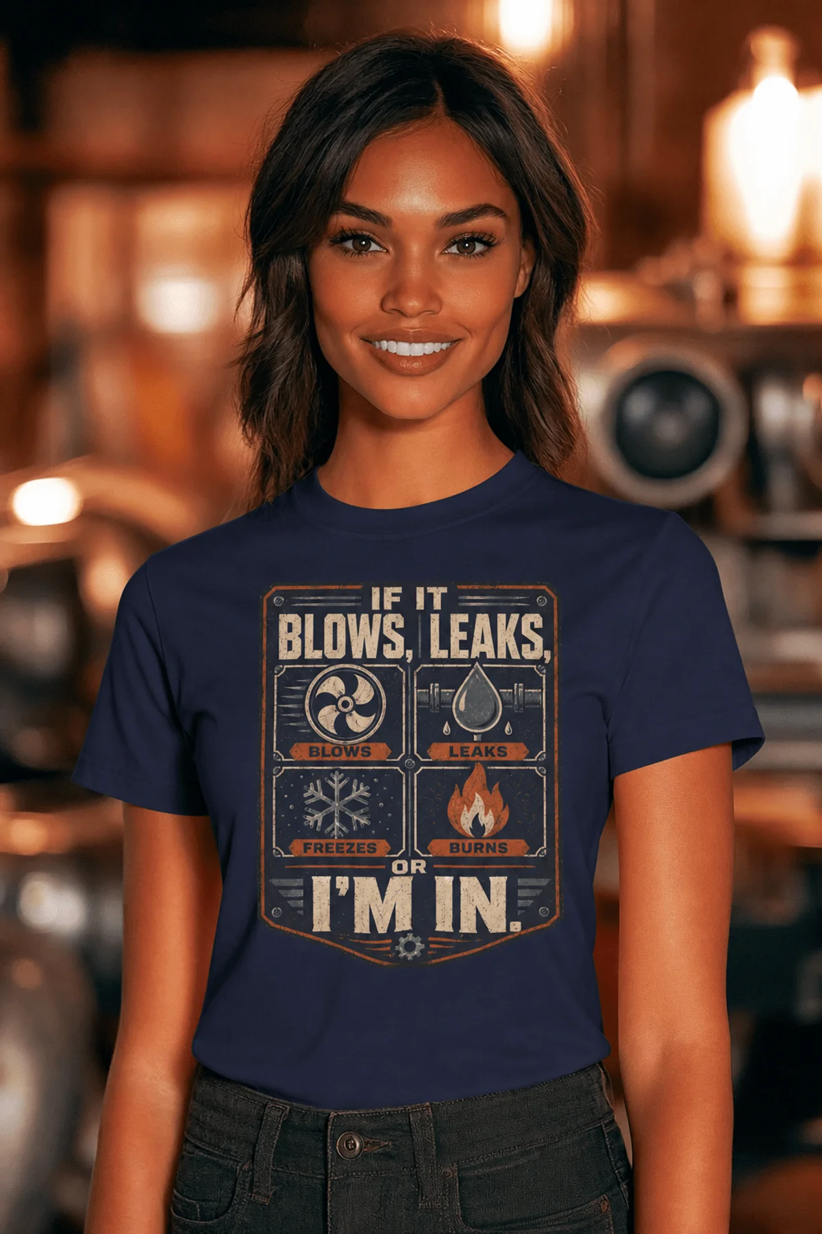 HVAC Technician T‑Shirt — "If It Blows, Leaks, Freezes or Burns I'm In" Retro Tradesmen Tee — navy — Model HVAC Technician T‑Shirt — "If It Blows, Leaks, Freezes or Burns I'm In" Retro Tradesmen Tee — navy t-shirt, model photo | Pressure Tested Co