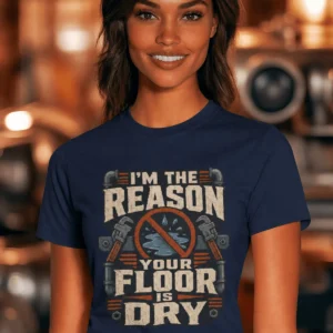 Plumber T‑Shirt – "I'm the Reason Your Floor Is Dry" Vintage Plumbing Tee — navy t-shirt, model photo | Pressure Tested Co