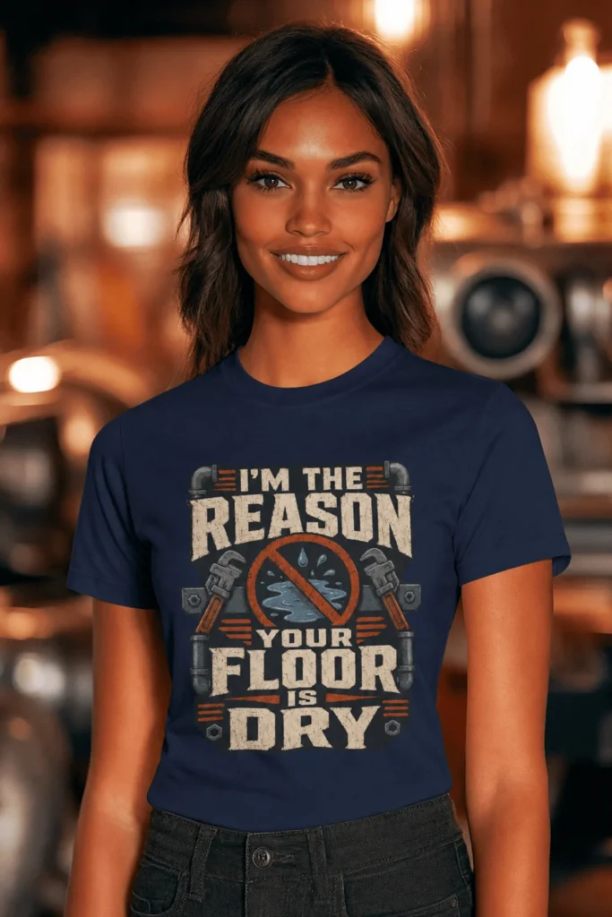 Plumber T‑Shirt – "I'm the Reason Your Floor Is Dry" Vintage Plumbing Tee — navy t-shirt, model photo | Pressure Tested Co