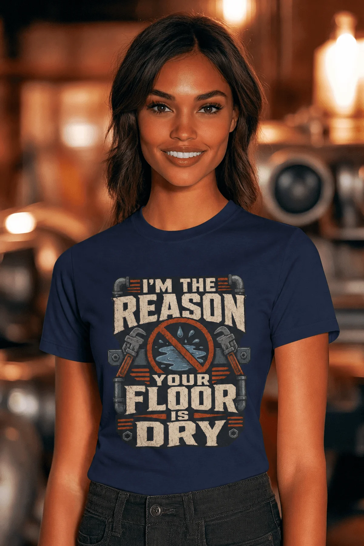Plumber T‑Shirt – "I'm the Reason Your Floor Is Dry" Vintage Plumbing Tee — navy — Model Plumber T‑Shirt – "I'm the Reason Your Floor Is Dry" Vintage Plumbing Tee — navy t-shirt, model photo | Pressure Tested Co