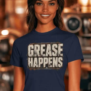 Grease Happens T-Shirt — Funny Mechanic Garage Tee — navy t-shirt, model photo | Pressure Tested Co