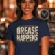 Grease Happens T-Shirt — Funny Mechanic Garage Tee — navy — Model Grease Happens T-Shirt — Funny Mechanic Garage Tee — navy t-shirt, model photo | Pressure Tested Co