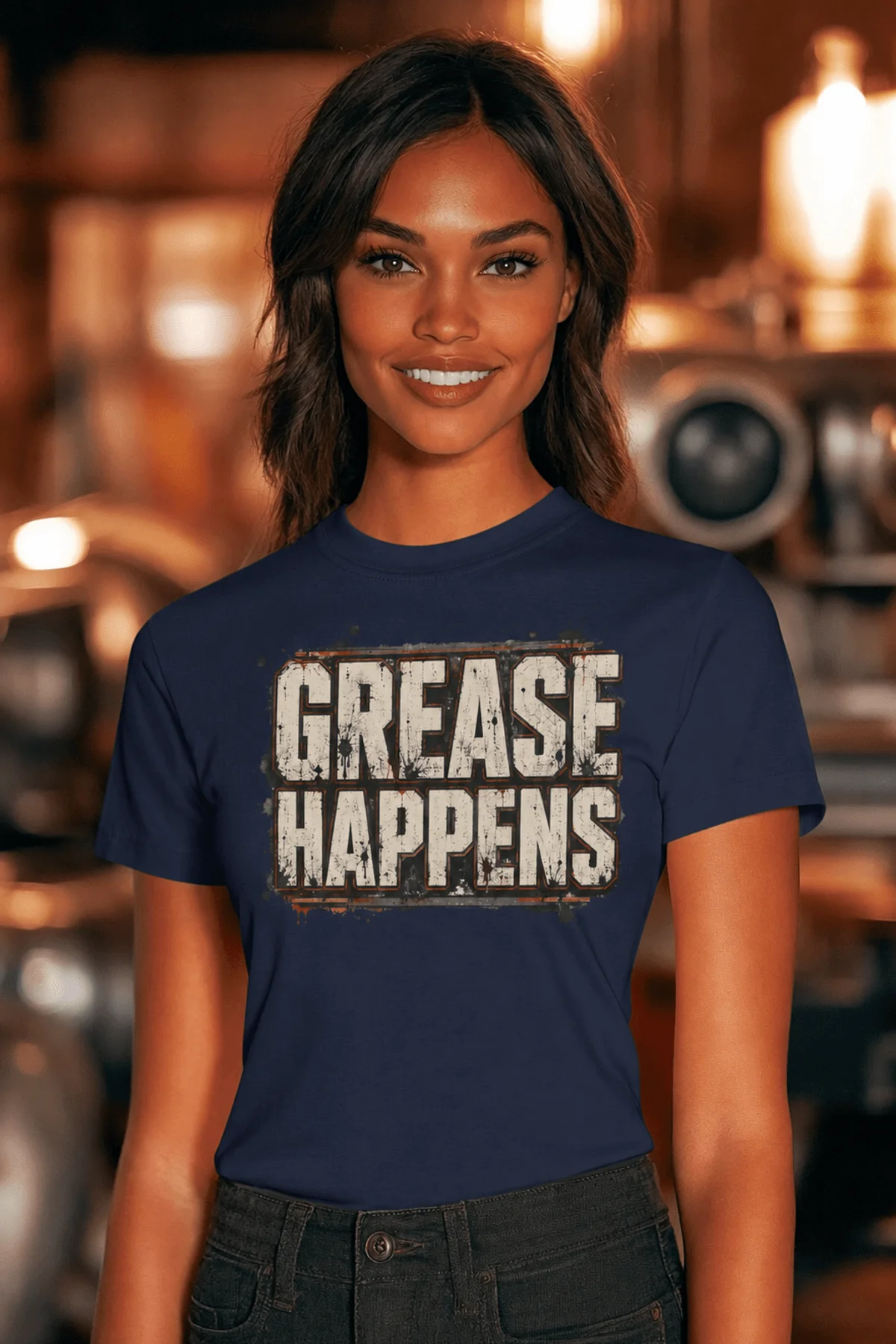 Grease Happens T-Shirt — Funny Mechanic Garage Tee — navy — Model Grease Happens T-Shirt — Funny Mechanic Garage Tee — navy t-shirt, model photo | Pressure Tested Co