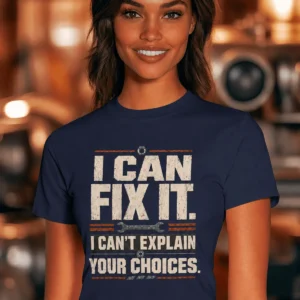 Sarcastic Mechanic T‑Shirt – "I Can Fix It. I Can't Explain Your Choices" Vintage Mechanic Shirt - DIY Repair Tee — navy t-shirt, model photo | Pressure Tested Co