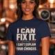 Sarcastic Mechanic T‑Shirt – "I Can Fix It. I Can't Explain Your Choices" Vintage Mechanic Shirt - DIY Repair Tee — navy t-shirt, model photo | Pressure Tested Co