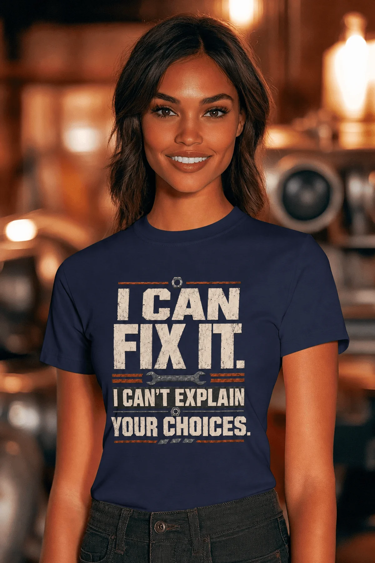 Sarcastic Mechanic T‑Shirt – "I Can Fix It. I Can't Explain Your Choices" Vintage Mechanic Shirt - DIY Repair Tee — navy t-shirt, model photo | Pressure Tested Co