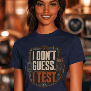 I Don't Guess I Test T-Shirt — Funny Tech Tee for Engineers and Electricians — navy t-shirt, model photo | Pressure Tested Co