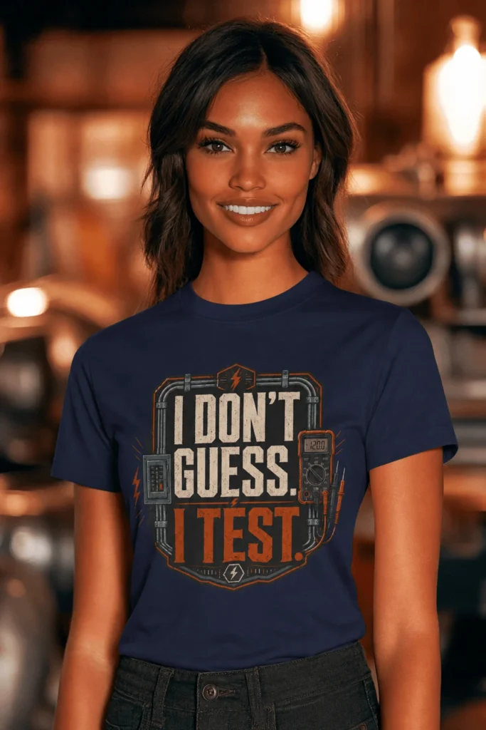 I Don't Guess I Test T-Shirt — Funny Tech Tee for Engineers and Electricians — navy t-shirt, model photo | Pressure Tested Co