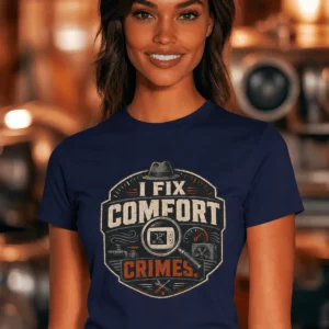 Funny HVAC Tech Tee "I Fix Comfort Crimes" — Furnace and Air Tech Work Tee — navy t-shirt, model photo | Pressure Tested Co