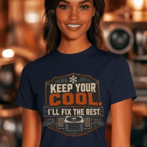 Funny HVAC Tee Shirt "Keep Your Cool. I'll Fix The Rest." T-Shirt – Vintage GraphicTee — navy t-shirt, model photo | Pressure Tested Co
