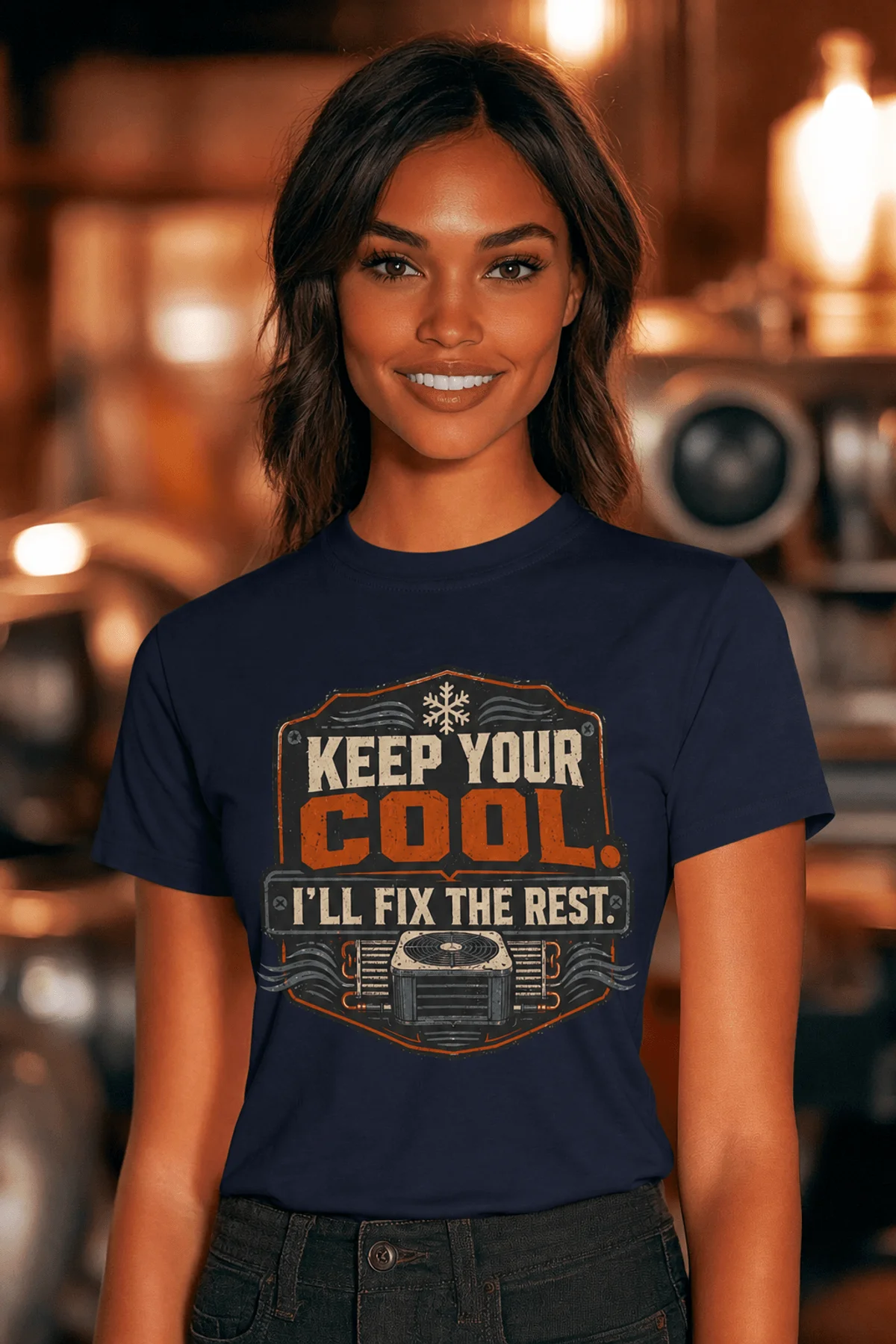 Funny HVAC Tee Shirt "Keep Your Cool. I'll Fix The Rest." T-Shirt – Vintage GraphicTee — navy — Model Funny HVAC Tee Shirt "Keep Your Cool. I'll Fix The Rest." T-Shirt – Vintage GraphicTee — navy t-shirt, model photo | Pressure Tested Co