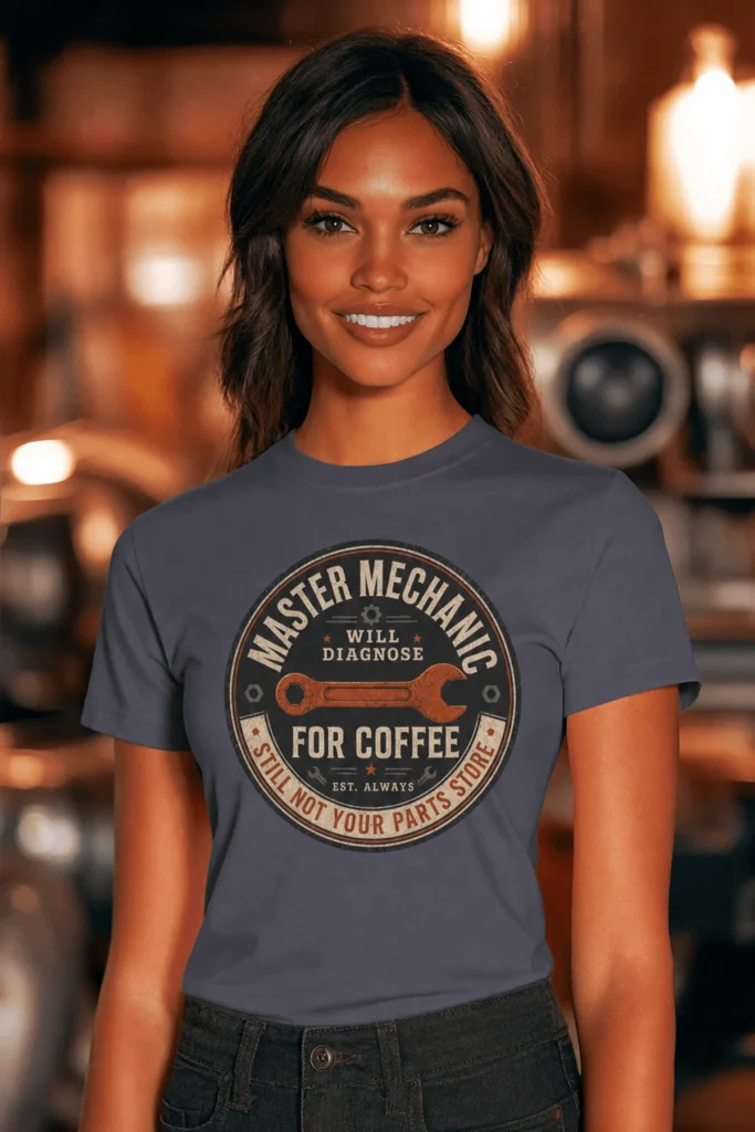Mechanic T-Shirt — "Master Mechanic: Will Diagnose for Coffee" Retro Wrench Tee
