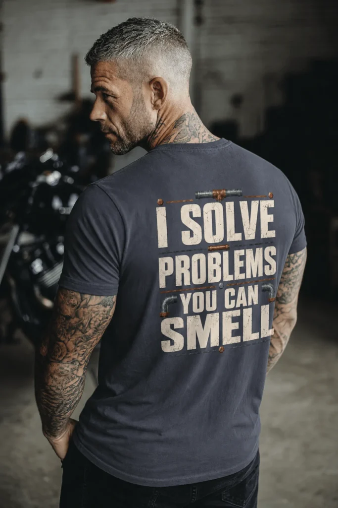 Funny Plumber Repair Graphic Tee "I Solve Problems You Can Smell" Back - "Plumbing Systems Diagnostician" Front — navy t-shirt, model photo | Pressure Tested Co
