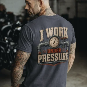 Funny Plumber Repair Graphic Tee "I Work Under Pressure" Back - "Plumbing Systems Diagnostician" Front — navy t-shirt, model photo | Pressure Tested Co
