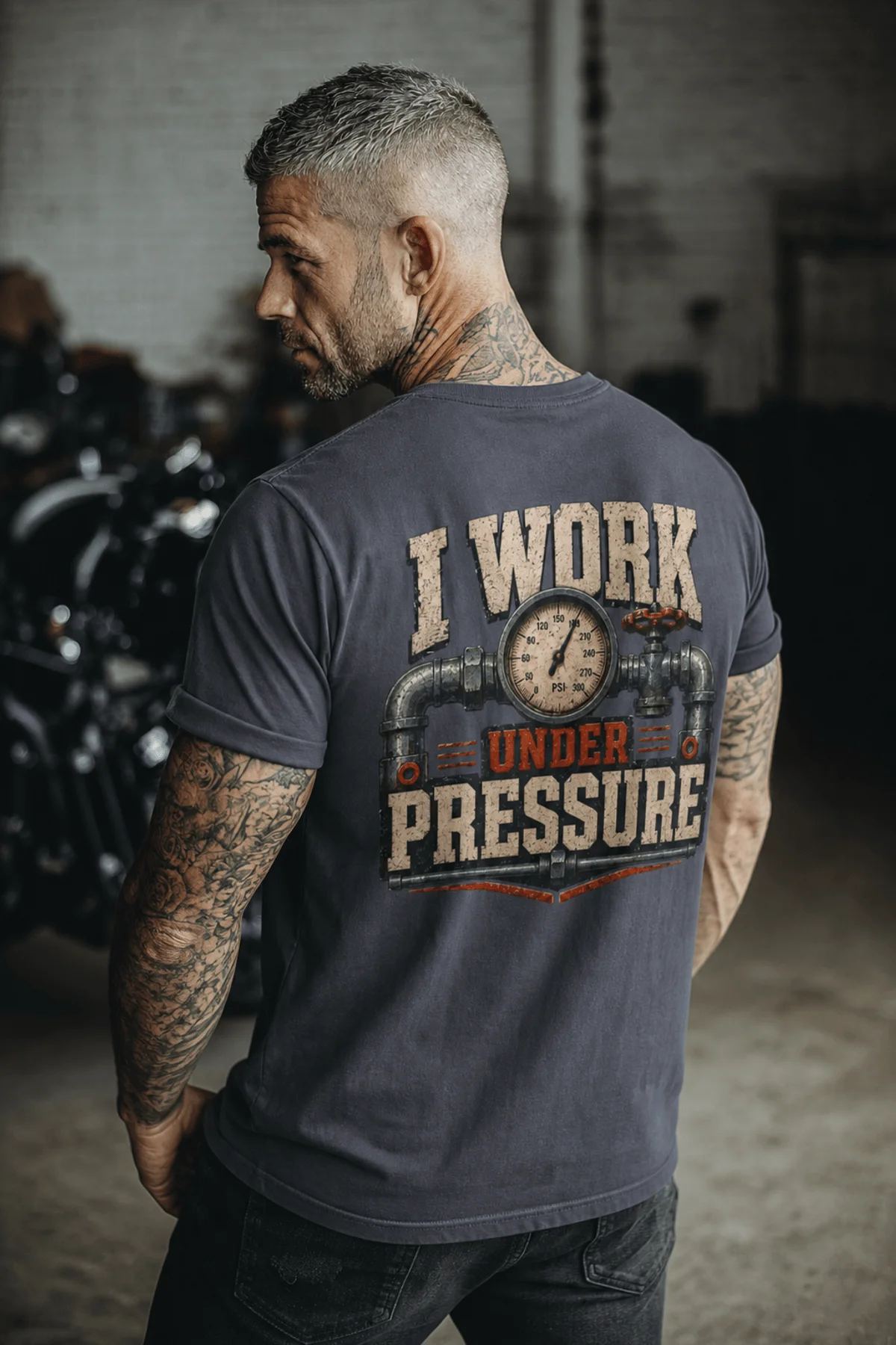 Funny Plumber Repair Graphic Tee "I Work Under Pressure" Back - "Plumbing Systems Diagnostician" Front — navy t-shirt, model photo | Pressure Tested Co
