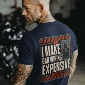 Funny Electrician Tech Tee - Back "I Make Bad Wiring Expensive" — Front "Wired For Success" Vintage Work Tee — navy t-shirt, model photo | Pressure Tested Co