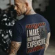 Funny Electrician Tech Tee - Back "I Make Bad Wiring Expensive" — Front "Wired For Success" Vintage Work Tee — navy — Model Funny Electrician Tech Tee - Back "I Make Bad Wiring Expensive" — Front "Wired For Success" Vintage Work Tee — navy t-shirt, model photo | Pressure Tested Co