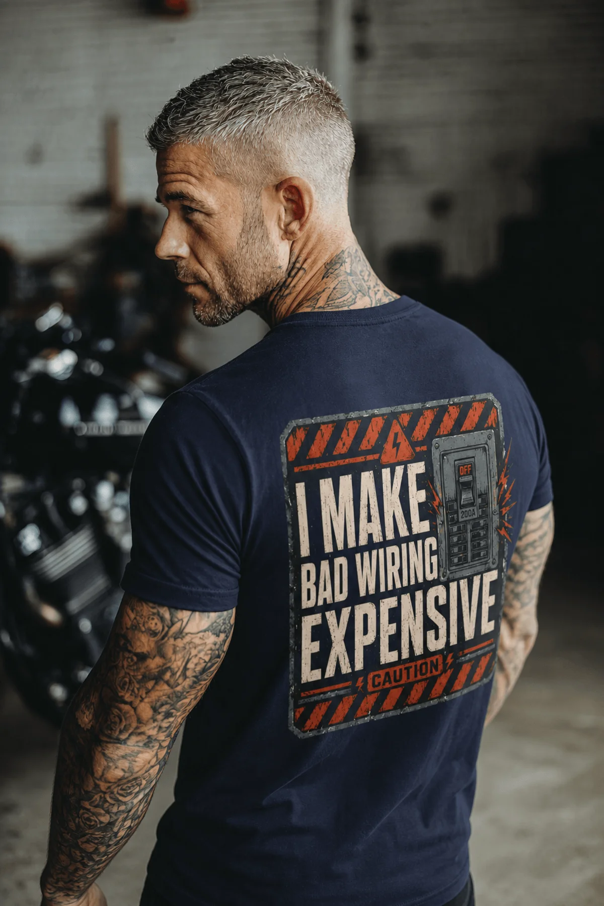Funny Electrician Tech Tee - Back "I Make Bad Wiring Expensive" — Front "Wired For Success" Vintage Work Tee — navy — Model Funny Electrician Tech Tee - Back "I Make Bad Wiring Expensive" — Front "Wired For Success" Vintage Work Tee — navy t-shirt, model photo | Pressure Tested Co