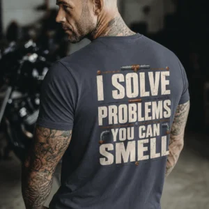 Funny Plumber Repair Graphic Tee "I Solve Problems You Can Smell" Back - "Plumbing Systems Diagnostician" Front — navy t-shirt, model photo | Pressure Tested Co