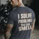Funny Plumber Repair Graphic Tee "I Solve Problems You Can Smell" Back - "Plumbing Systems Diagnostician" Front — navy — Model Funny Plumber Repair Graphic Tee "I Solve Problems You Can Smell" Back - "Plumbing Systems Diagnostician" Front — navy t-shirt, model photo | Pressure Tested Co