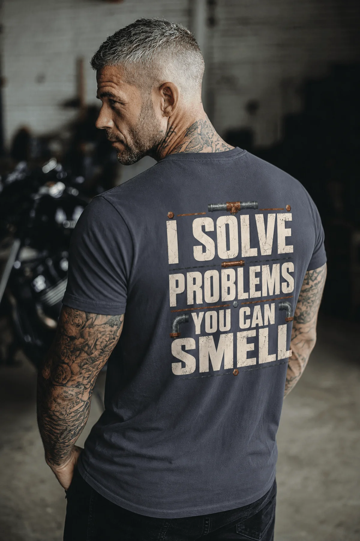 Funny Plumber Repair Graphic Tee "I Solve Problems You Can Smell" Back - "Plumbing Systems Diagnostician" Front — navy — Model Funny Plumber Repair Graphic Tee "I Solve Problems You Can Smell" Back - "Plumbing Systems Diagnostician" Front — navy t-shirt, model photo | Pressure Tested Co