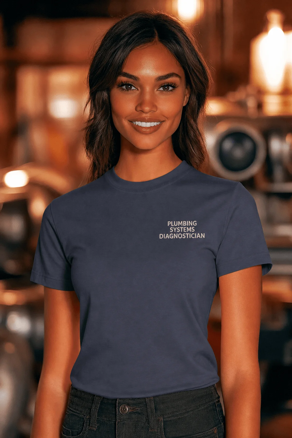 Funny Plumber Repair Graphic Tee "I Solve Problems You Can Smell" Back - "Plumbing Systems Diagnostician" Front — navy — Model Funny Plumber Repair Graphic Tee "I Solve Problems You Can Smell" Back - "Plumbing Systems Diagnostician" Front — navy t-shirt, model photo | Pressure Tested Co