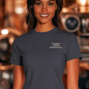 Funny Plumber Repair Graphic Tee "I Work Under Pressure" Back - "Plumbing Systems Diagnostician" Front — navy t-shirt, model photo | Pressure Tested Co