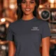 Funny Plumber Repair Graphic Tee "I Work Under Pressure" Back - "Plumbing Systems Diagnostician" Front — navy t-shirt, model photo | Pressure Tested Co