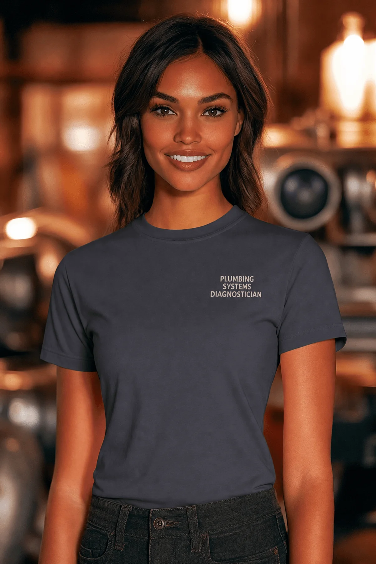 Funny Plumber Repair Graphic Tee "I Work Under Pressure" Back - "Plumbing Systems Diagnostician" Front — navy t-shirt, model photo | Pressure Tested Co