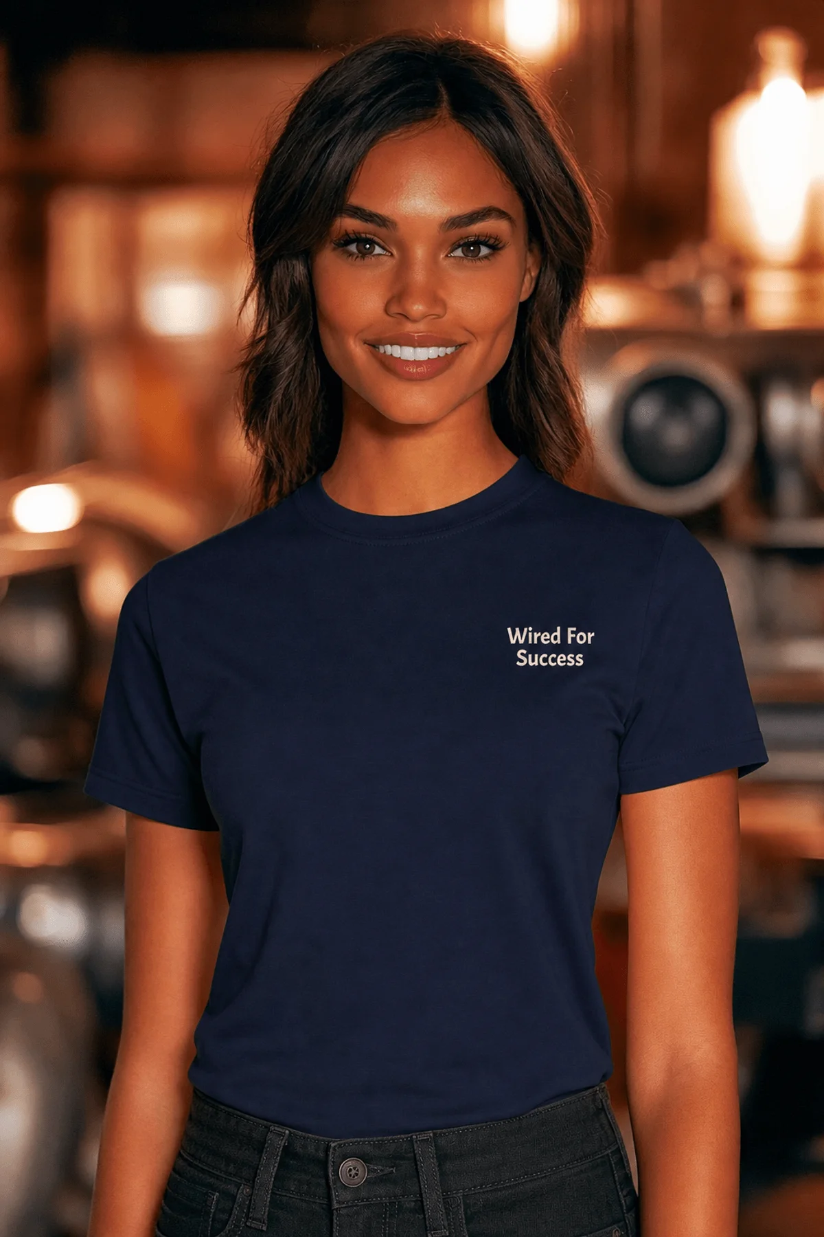 Funny Electrician Tech Tee - Back "I Make Bad Wiring Expensive" — Front "Wired For Success" Vintage Work Tee — navy — Model Funny Electrician Tech Tee - Back "I Make Bad Wiring Expensive" — Front "Wired For Success" Vintage Work Tee — navy t-shirt, model photo | Pressure Tested Co